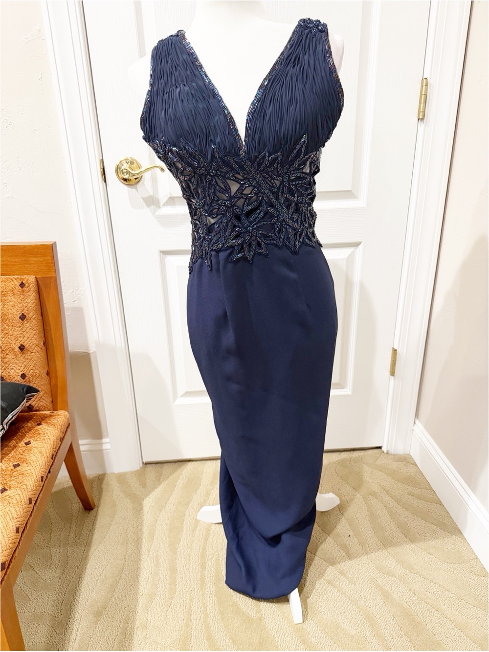 Stunning Elegant Navy Beaded V-Neck Evening Dress